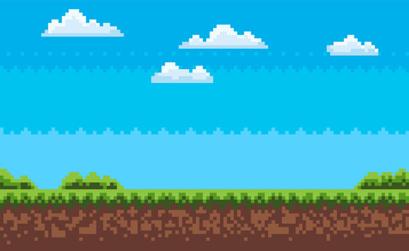 Nobody interface of pixel game platform, evening and sunset view, cloudy sky and green grass with bushes, adventure and level, computer graphic vector, pixelated nature for mobile app games