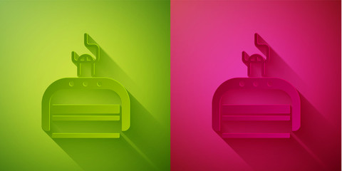 Paper cut Ski lift icon isolated on green and pink background. Paper art style. Vector