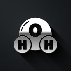 Silver Chemical formula for water drops H2O shaped icon isolated on black background. Long shadow style. Vector