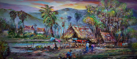 oil painting  Thailand Countryside Mountain northeast , rural life , rural thailand - obrazy, fototapety, plakaty