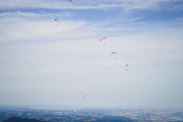 Silhouette of group landing skydivers against the sky. People are gliding using a parachute on the background of the blue sky. Extreme Air Sports