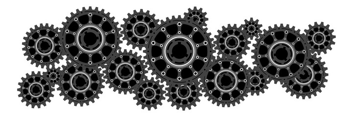 Banner of gear wheels or cogs, technology and industry, teamwork concept, black and white vector illustration