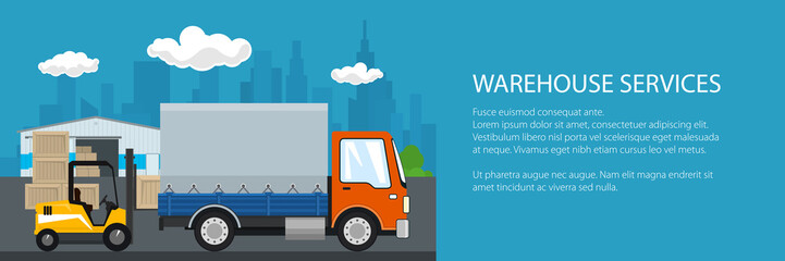 Banner of warehouse and transport services ,warehouse with forklift truck and orange lorry on the background of the city , unloading or loading of goods and text, vector illustration