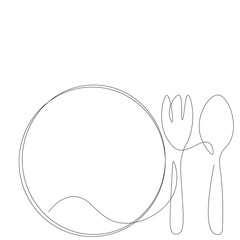 Fork and spoon near plate silhouette line drawing, vector illustration