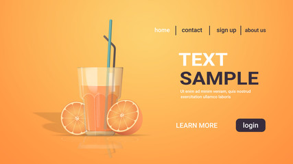 glass of fresh orange juice with straw and cut in half fruit copy space horizontal vector illustration