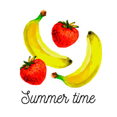 Bananas and fresh strawberries watercolor vector draw
