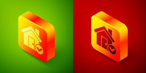 Isometric House with check mark icon isolated on green and red background. Real estate agency or cottage town elite class. Square button. Vector