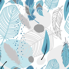 Abstract seamless feathers pattern blue, gray colours background. Hand-drawn vector illustration.