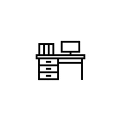 Teacher desk vector icon in linear, outline icon isolated on white background