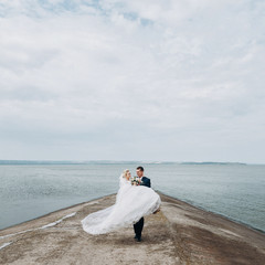 Groom carrying bride on sea background