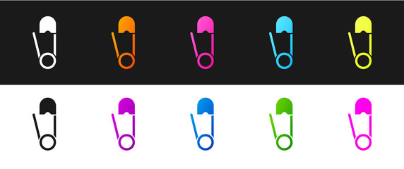 Set Classic closed steel safety pin icon isolated on black and white background. Vector