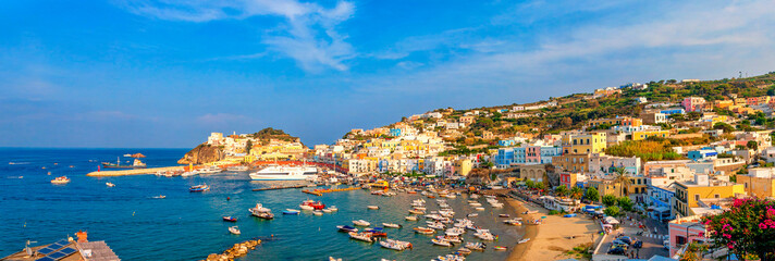 Panoramic view of the harbor and port at Ponza, Lazio, Italy. Ponza is the largest island of the...