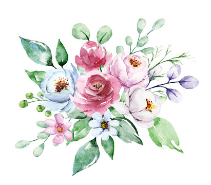 Flowers watercolor painting, peonies bouquet for greeting card, invitation, poster, wedding decoration and other printing images. Botanical illustration isolated on white.