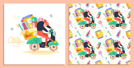 Man driving on delivery scooter.  Fast product delivery.  Transportation service. Self isolation, protection. Flat colourful vector illustration, art isolated on background. Delivery seamless pattern.