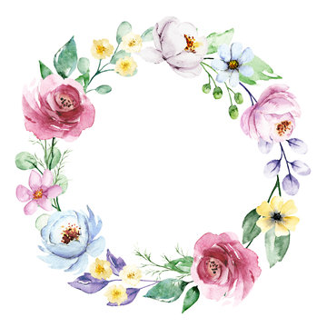 Flowers wreath, watercolor painting, floral peonies frame for greeting card, invitation, poster, wedding decoration and other printing images. Illustration isolated on white.