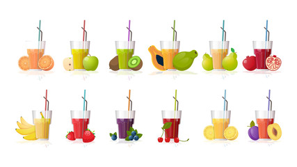 set glasses of fresh juice with straw sliced fruits and berries collection isolated on white background horizontal vector illustration