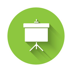White Presentation board with graph, schedule, chart, diagram, infographic, pie graph icon isolated with long shadow. Green circle button. Vector