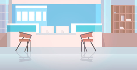 Fototapeta premium hospital reception with furniture empty nurses station no people clinic hall interior horizontal vector illustration