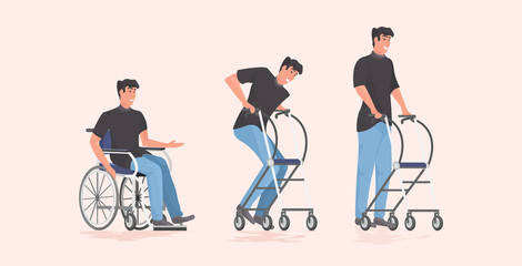 evolution of disabled man patient sitting in wheelchair staying with crutches rehabilitation concept horizontal full length vector illustration