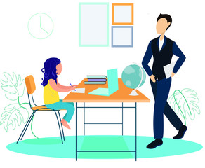 The child is doing homework. The child is sitting at the computer