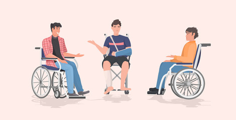 Fototapeta premium disabled men sitting in wheelchair disability concept flat full length horizontal vector illustration