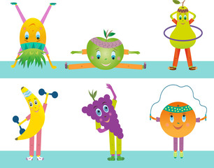 Fruits go in for sports. The illustration has a vector pineapple, apple, pear, banana, grape and orange.
