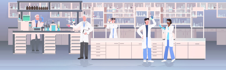 scientists group holding test tubes working in medical lab mix race researchers in white coats making chemical experiments modern laboratory interior horizontal full length vector illustration