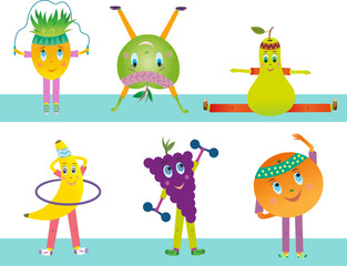 Obraz na płótnie Canvas Vector fruits go in for sports on a white background. Apple, orange, pear, grapes, banana, pineapple are isolated characters.