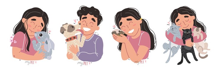 Cute children hold their pets in the arms