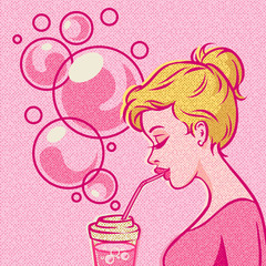 Girl drinking soda with a straw and bubbles in background, vintage style. Pop art vector retro illustration.