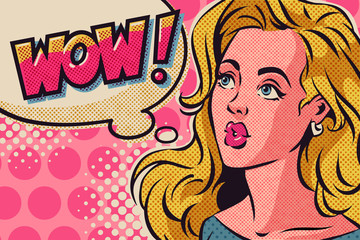 Blond woman surprised close up in pop art style and wow speech bubble. Vector retro comic illustration.