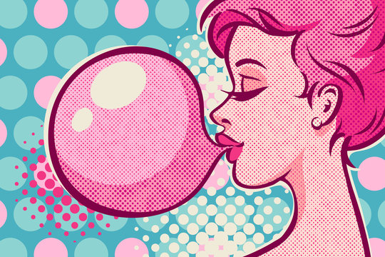 Close up of a woman with pink bubble gum. Pop art vector vintage illustration.