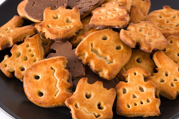 Funny Halloween cookies isolated on white background.Close up