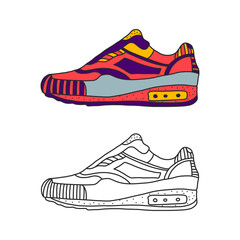 Sneakers outline drawing. Black lines of sport shoe and color on white background.