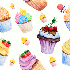 Seamless pattern with watercolor illustrations of cakes and macaroons on a white background. Hand-drawn