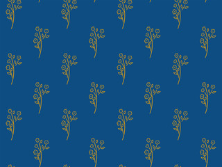 Seamless pattern of yellow abstract flower branch with blooming buds and leaves on a classic blue background. Cute scandinavian style. Spring and summer endless ornament. Hand drawing. Vector.