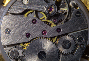 the clock mechanism of a pocket watch is macro