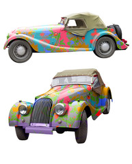 voiture ancienne, peint , en couleur, fantaisie,  coloré, vieux, de face, de profile, cirque, jouet, collection, cadeau, 