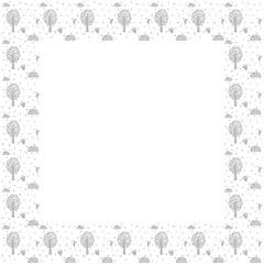 Black and white hand-drawn square frame with place for text on the theme of the park, forest and nature. Isolated stylized contour trees, bushes, flowers, clouds and leaves. Scandinavian style. Vector