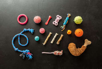 Dog’s toys on black - balls, dogchews, sticks and rope