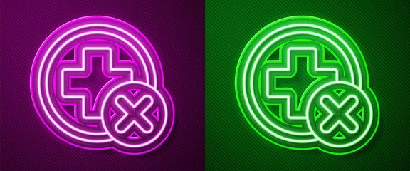 Glowing neon line Cross hospital medical icon isolated on purple and green background. First aid. Diagnostics symbol. Medicine and pharmacy sign. Vector