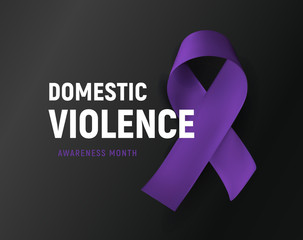 Domestic violence banner. Purple ribbon against home abuse poster. Abused victim support vector illustration on black background.