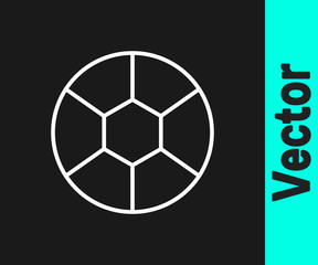 Fototapeta premium White line Football ball icon isolated on black background. Soccer ball. Sport equipment. Vector