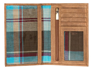 Leather wallet with checkered inside isolated on white