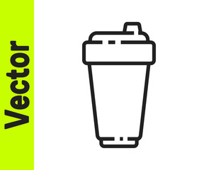 Black line Fitness shaker icon isolated on white background. Sports shaker bottle with lid for water and protein cocktails. Vector