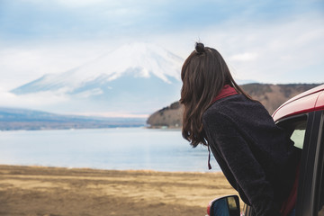 traveler with Mount Fuji view
