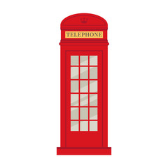Fototapeta premium London phone booth. Red historic British telephone box. Flat cartoon isolated element icon. Travelling to England. 