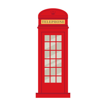 London phone booth. Red historic British telephone box. Flat cartoon isolated element icon. Travelling to England. 