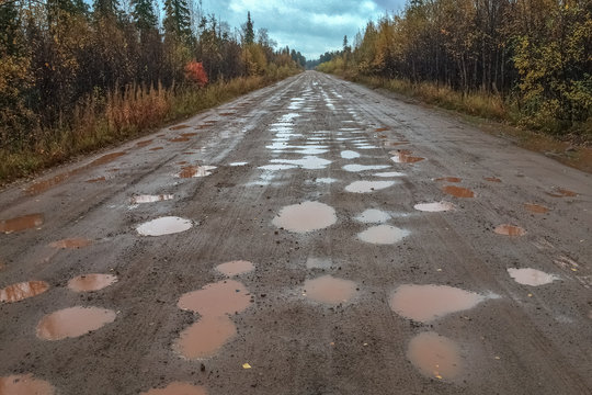 Bad Russian Roads After Rain On The Kola Peninsula.