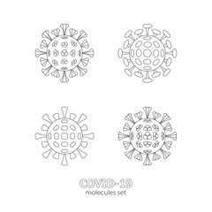 Icons with the image of a coronavirus molecules. COVID-19 virion depicted in the linart style on a white background.